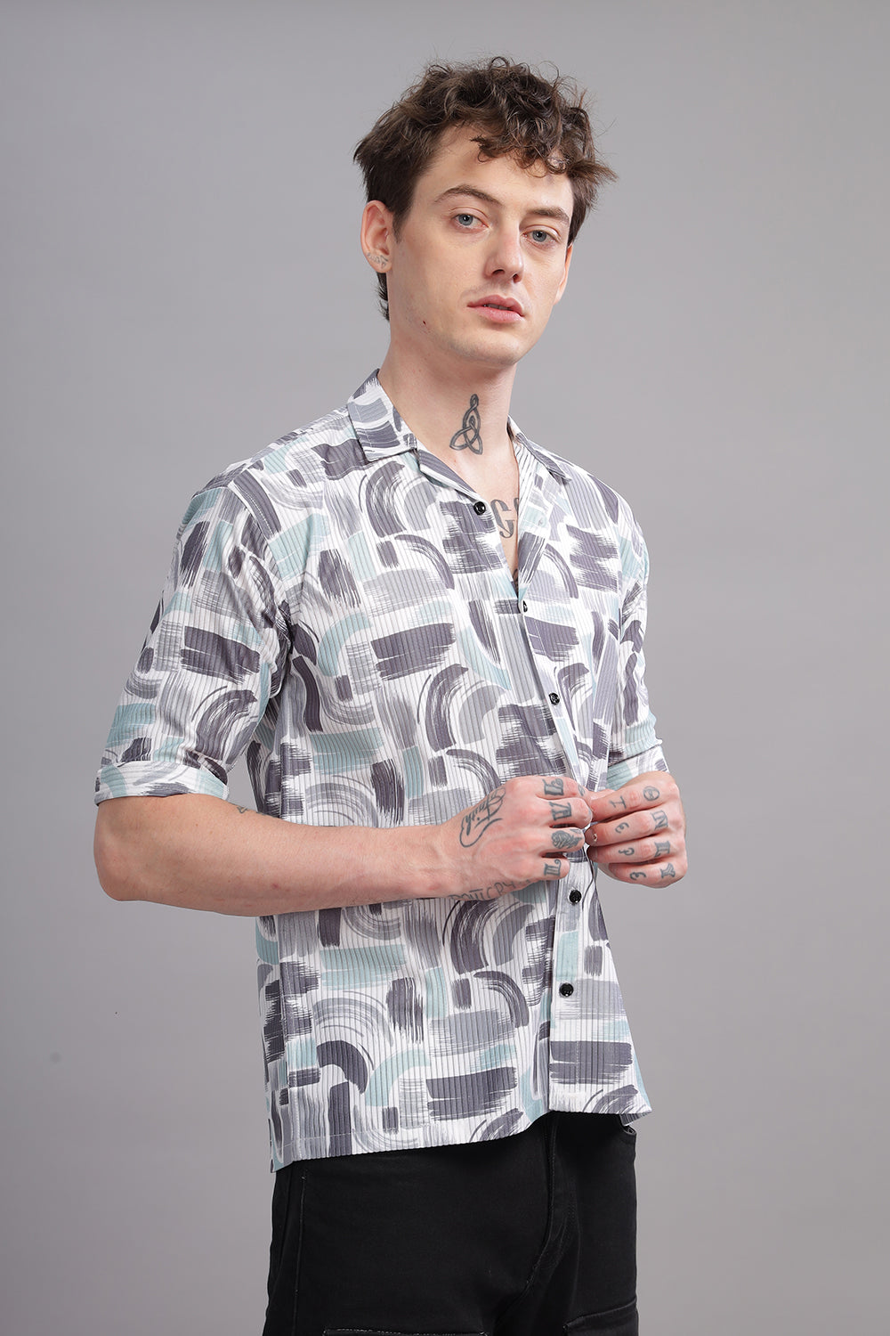 O'LYN PEWTER GRAY ABSTRACT PRINT CORDUROY MEN'S SHIRT