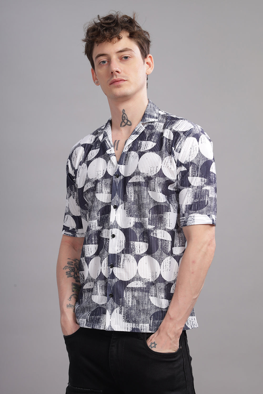 O'LYN ASH GRAY ABSTRACT PRINT CORDUROY MEN'S SHIRT