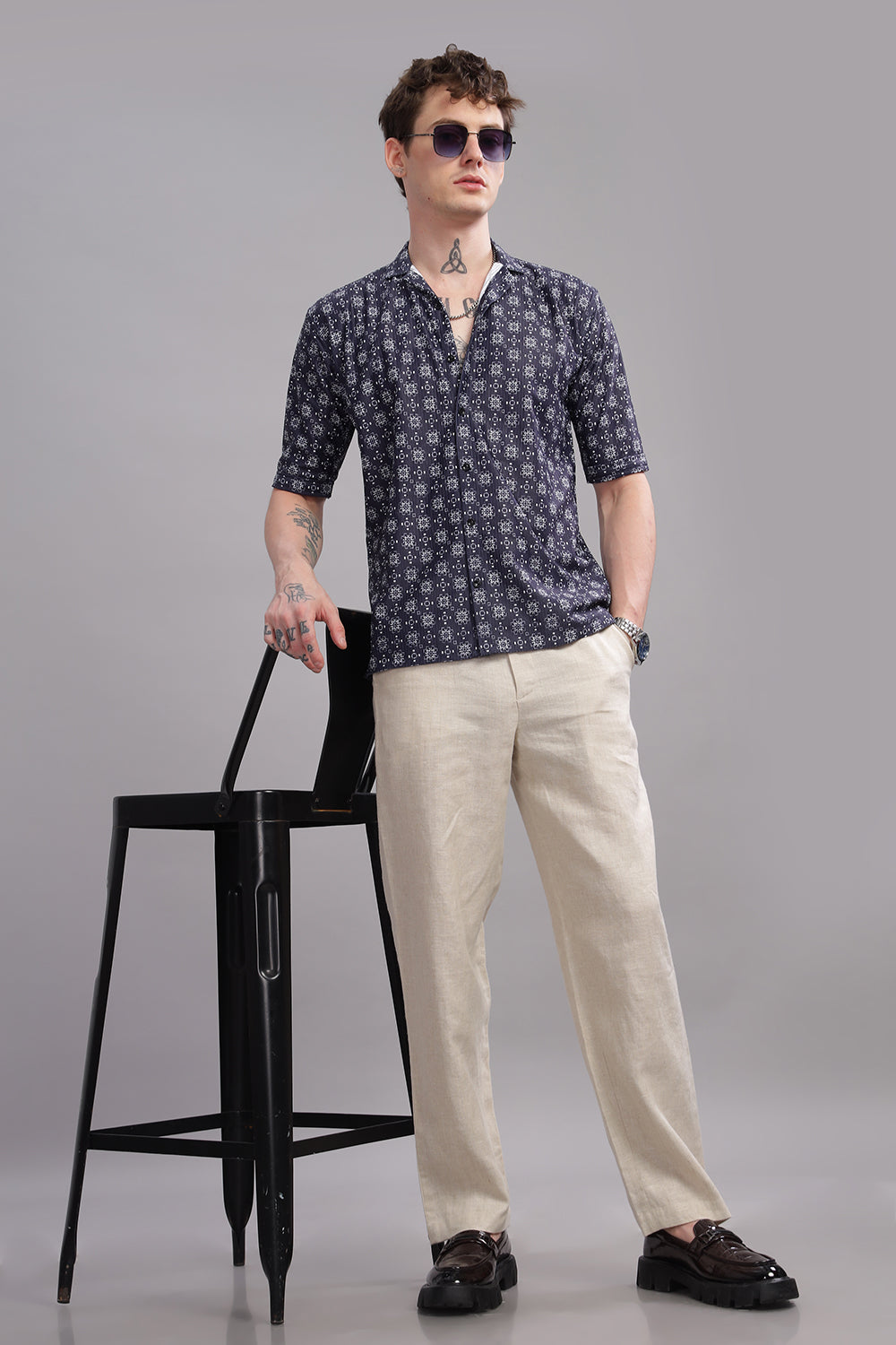 O'LYN OXFORD BLUE GEOMETRIC PRINT CORDUROY MEN'S SHIRT