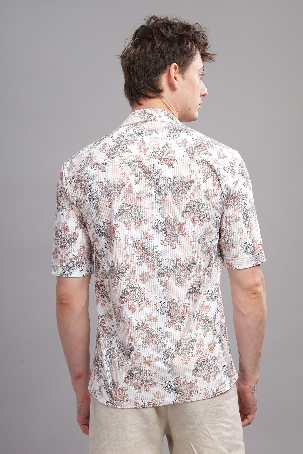 O'LYN SWEET BEIGE FLORAL PRINT CORDUROY MEN'S SHIRT