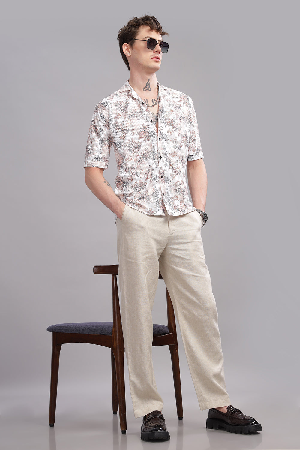 O'LYN SWEET BEIGE FLORAL PRINT CORDUROY MEN'S SHIRT