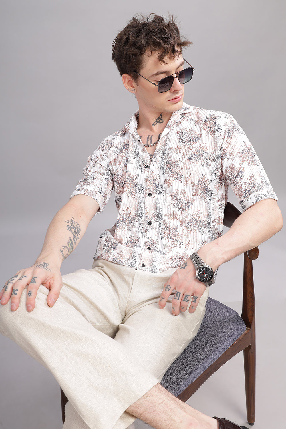 O'LYN SWEET BEIGE FLORAL PRINT CORDUROY MEN'S SHIRT