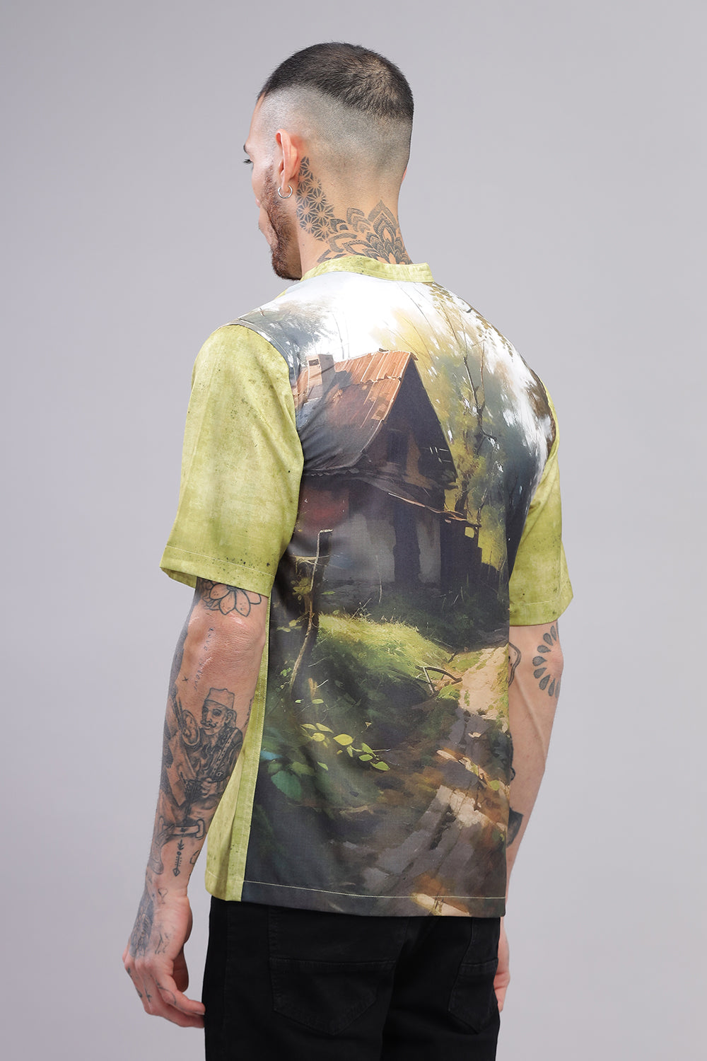 O'LYN LEMON GREEN NATURE PRINT COTTON MEN'S SHIRT