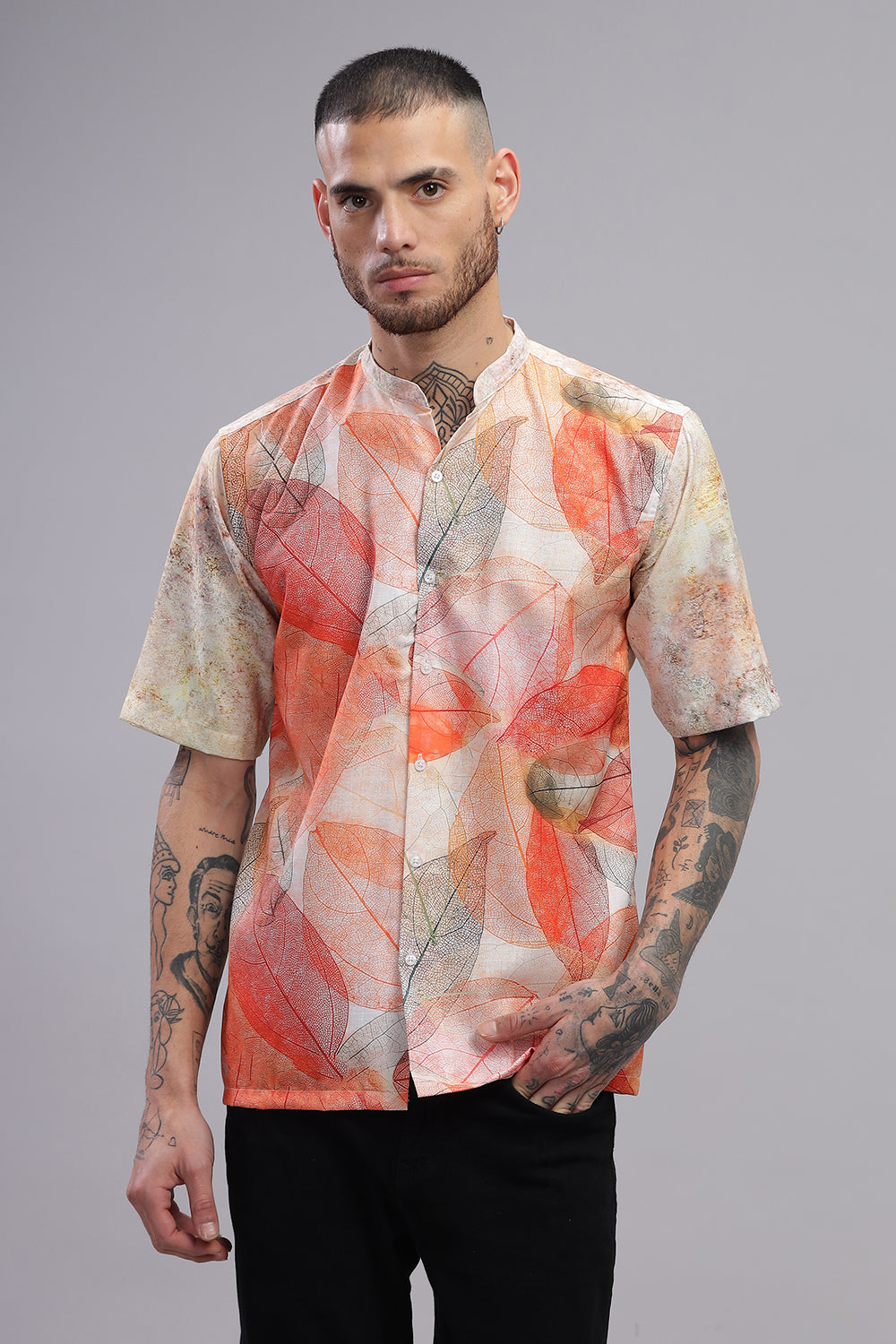O'LYN Orange Drop-sleeve Nature Print Cotton Men's Shirt.