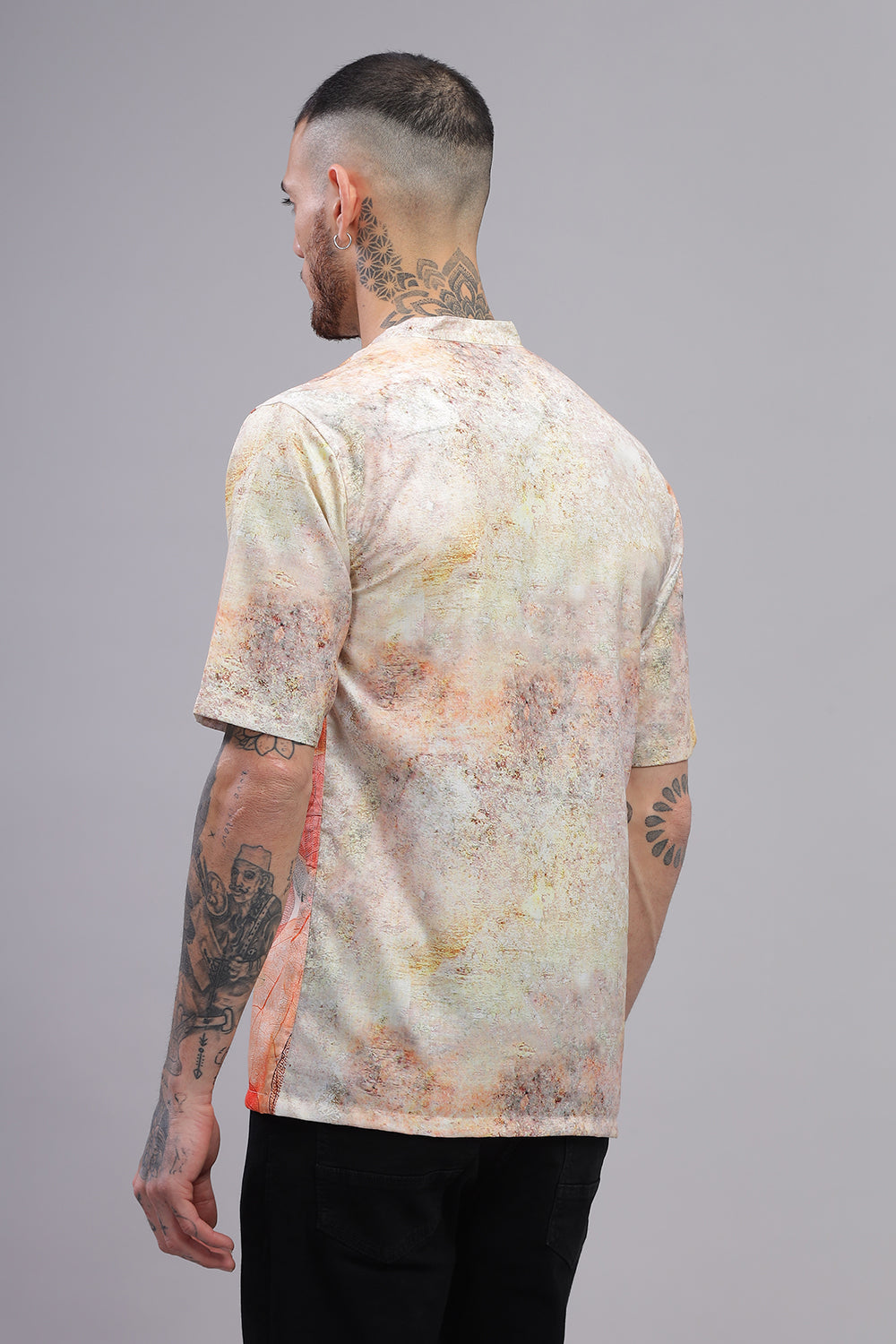 O'LYN NEON ORANGE NATURE PRINT COTTON MEN'S SHIRT