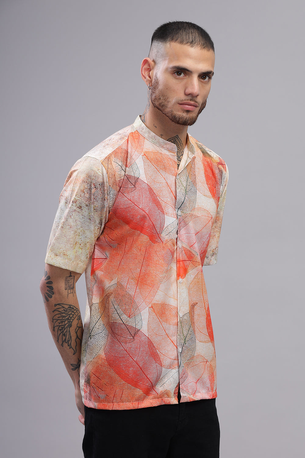 O'LYN NEON ORANGE NATURE PRINT COTTON MEN'S SHIRT