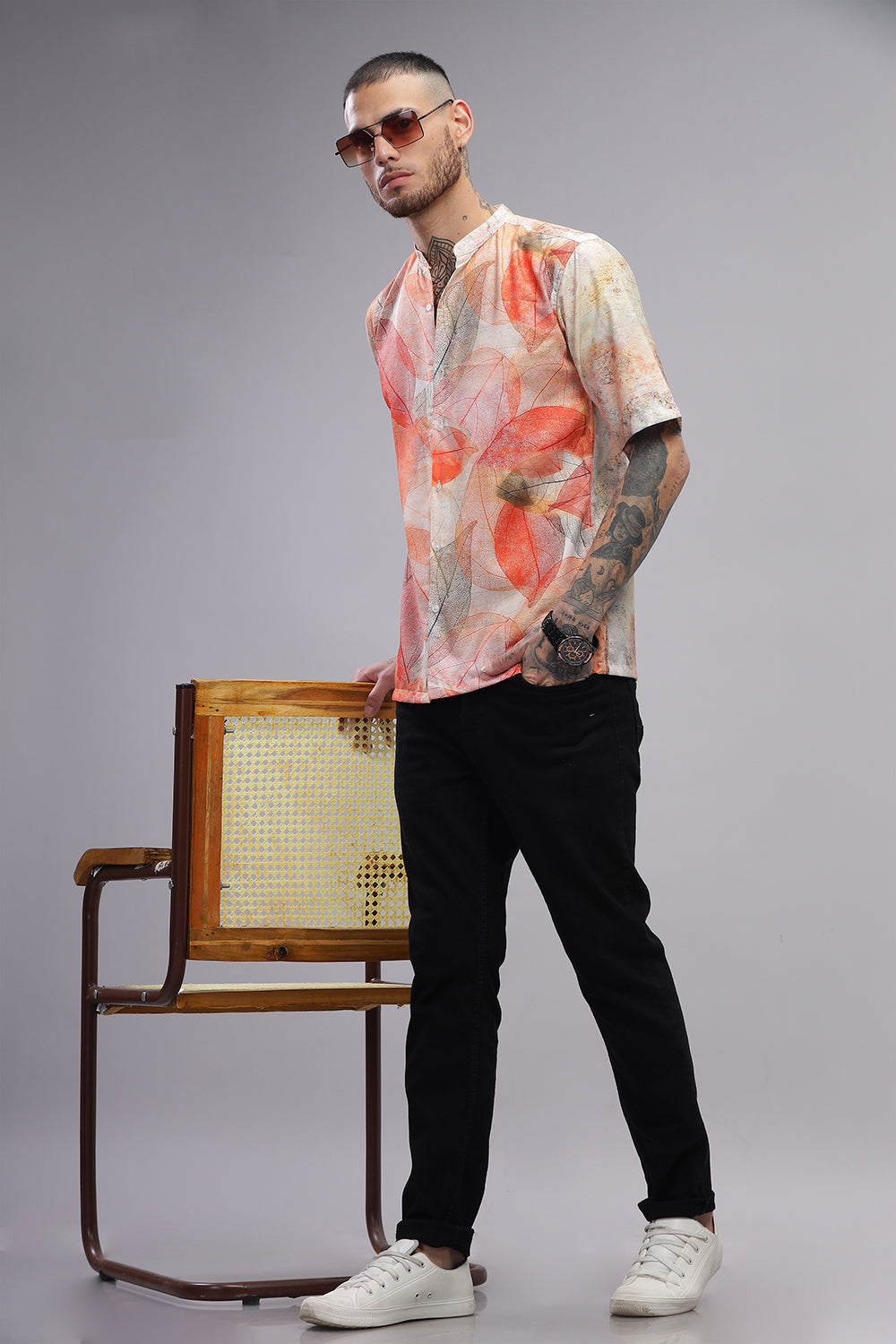 O'LYN NEON ORANGE NATURE PRINT COTTON MEN'S SHIRT