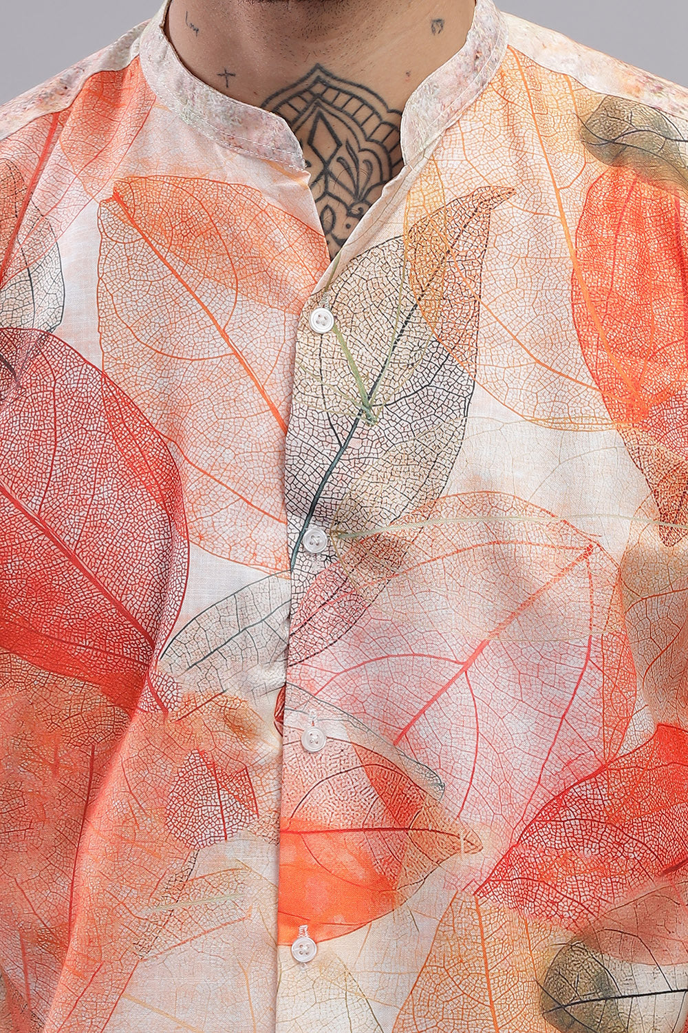 O'LYN NEON ORANGE NATURE PRINT COTTON MEN'S SHIRT