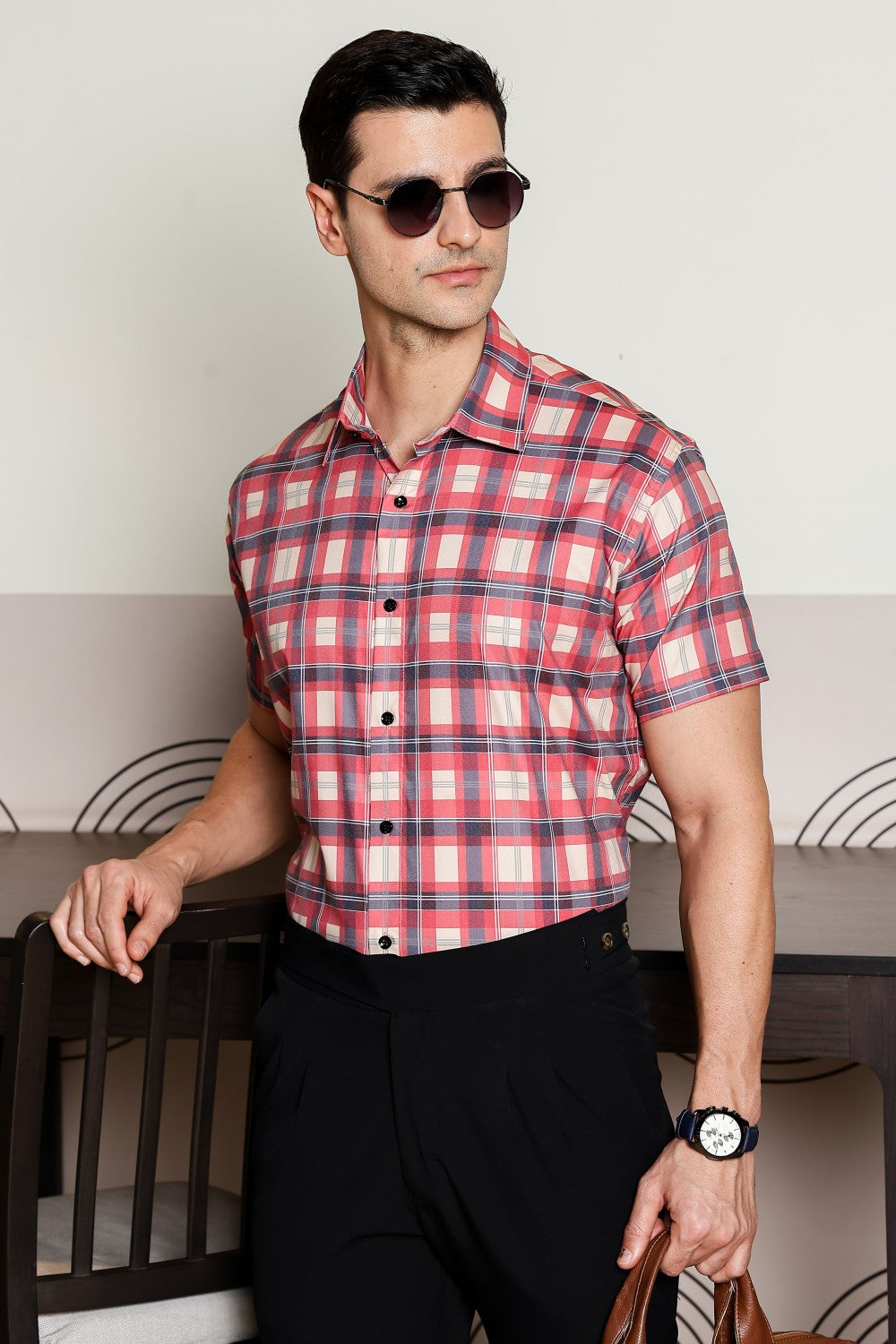 O'LYN CHECKED HALF SLEEVE COTTON MEN SHIRT