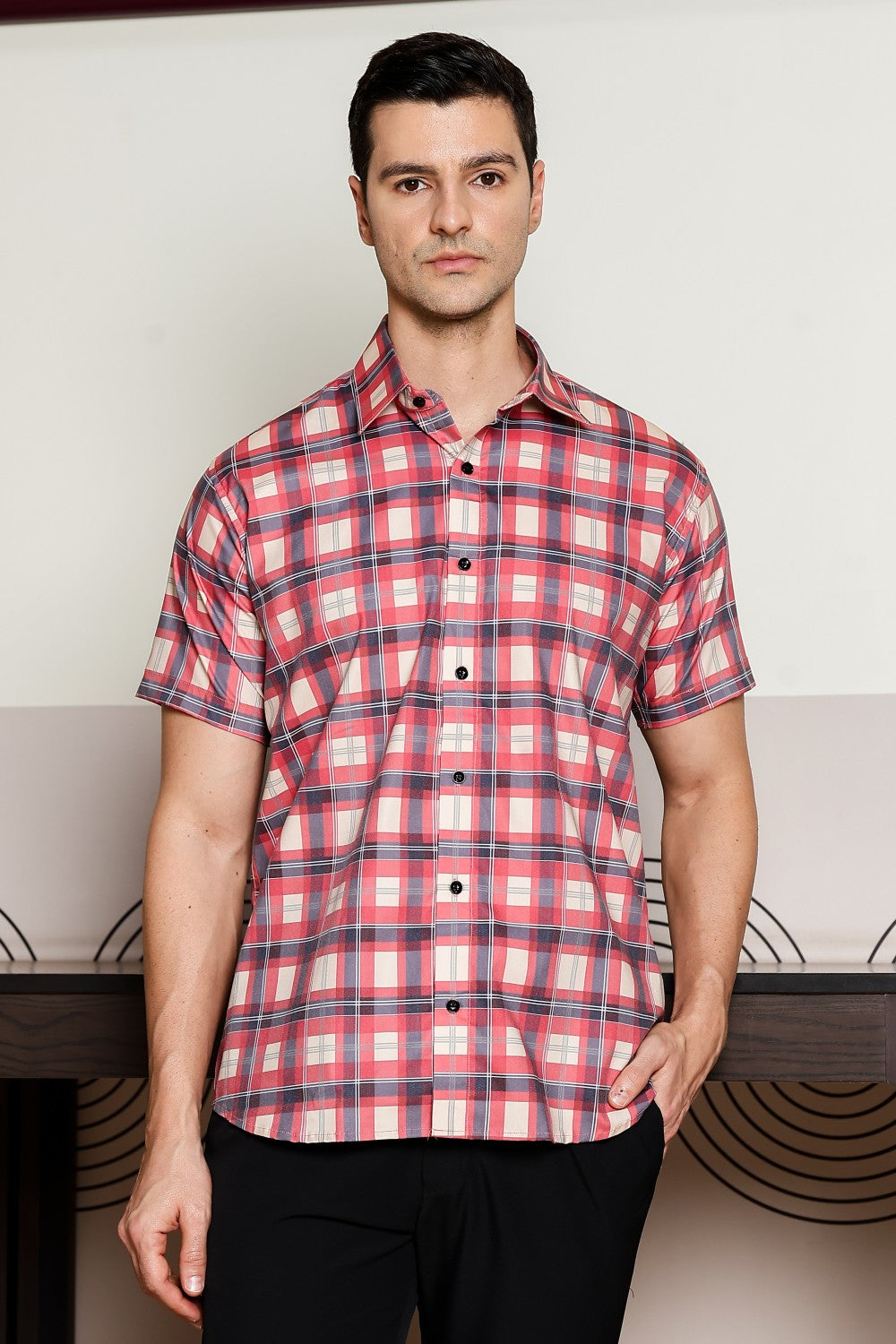 O'LYN CHECKED HALF SLEEVE COTTON MEN SHIRT