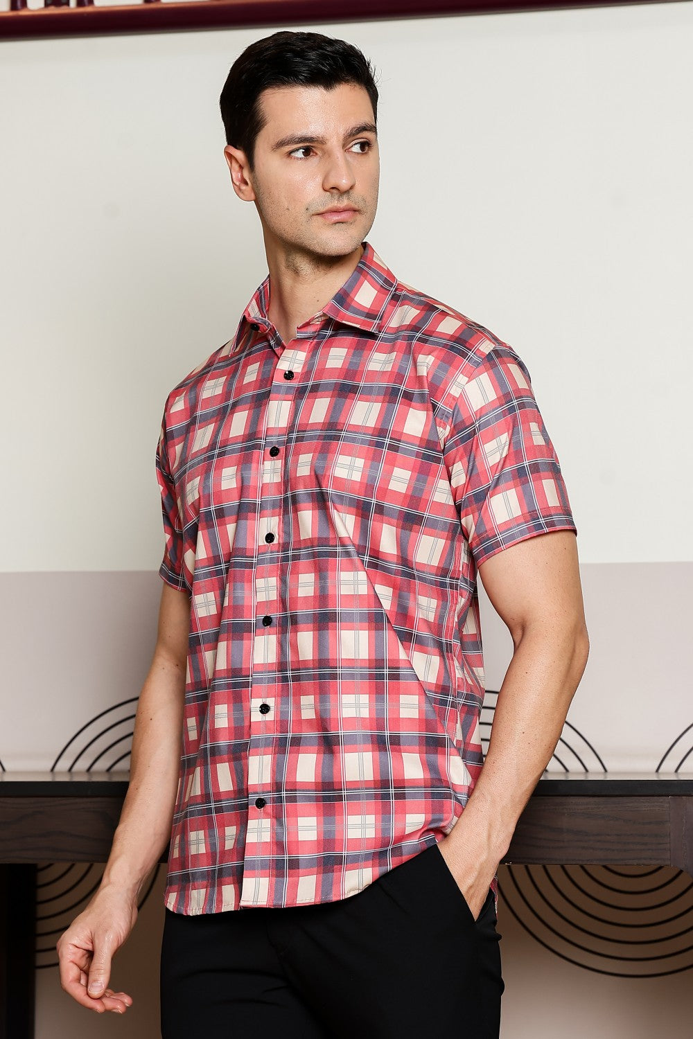O'LYN CHECKED HALF SLEEVE COTTON MEN SHIRT
