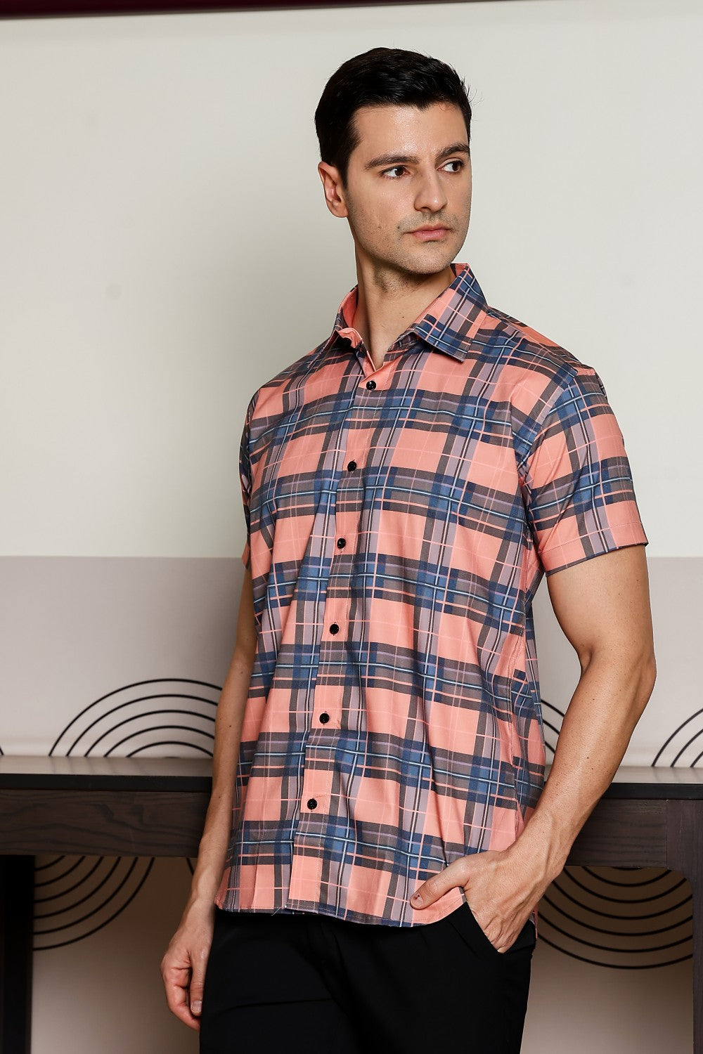 O'LYN CHECKED HALF SLEEVE COTTON MEN SHIRT