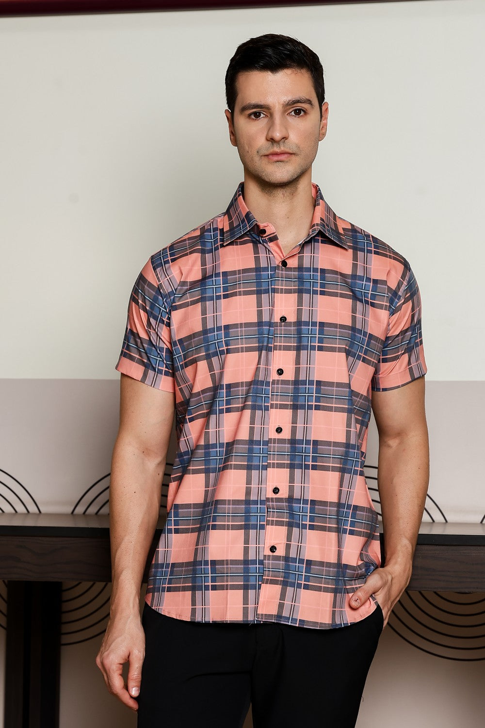 O'LYN CHECKED HALF SLEEVE COTTON MEN SHIRT