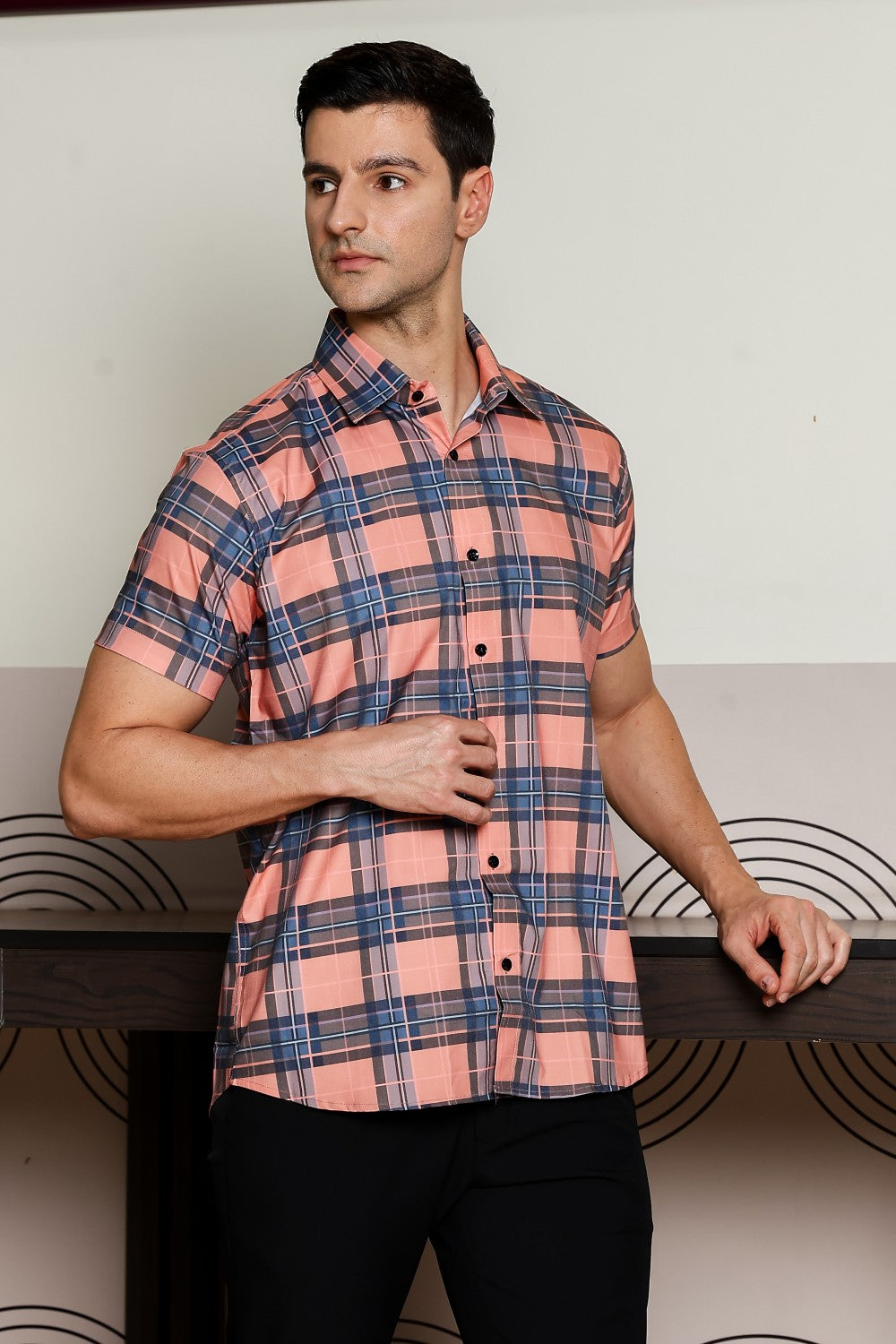 O'LYN CHECKED HALF SLEEVE COTTON MEN SHIRT
