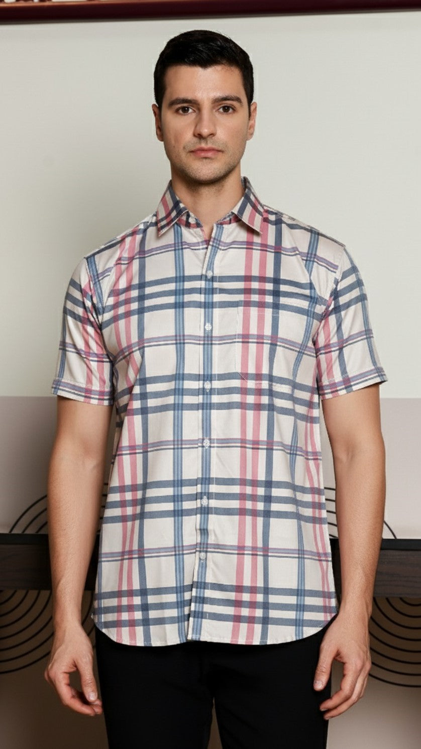 O'LYN CHECKED HALF SLEEVE COTTON MEN SHIRT