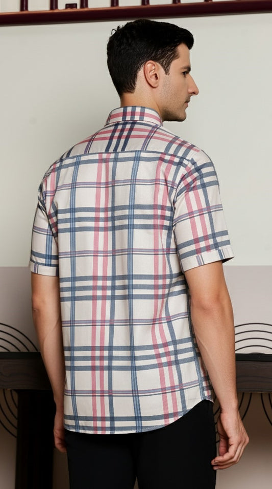 O'LYN CHECKED HALF SLEEVE COTTON MEN SHIRT