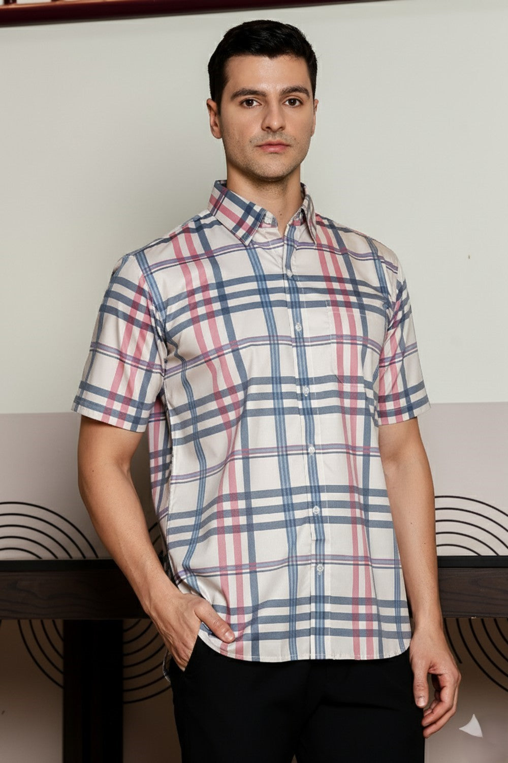 O'LYN CHECKED HALF SLEEVE COTTON MEN SHIRT