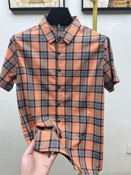 O'LYN Orange Short-sleeve Checks Cotton Men's Shirt.