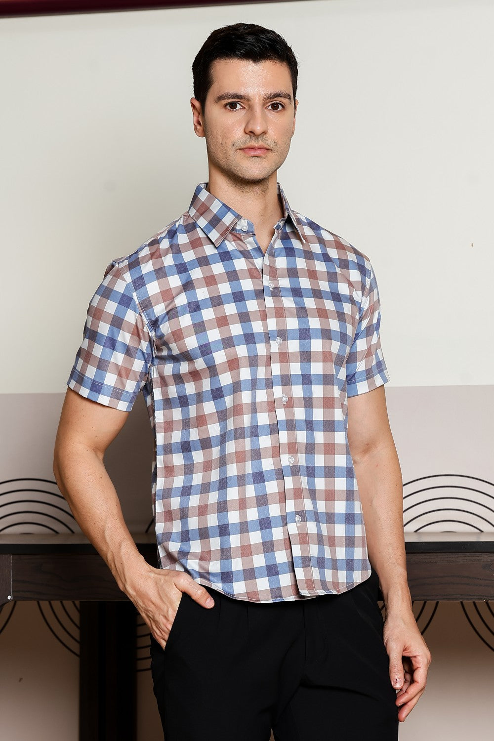 O'LYN CHECKED HALF SLEEVE COTTON MEN SHIRT