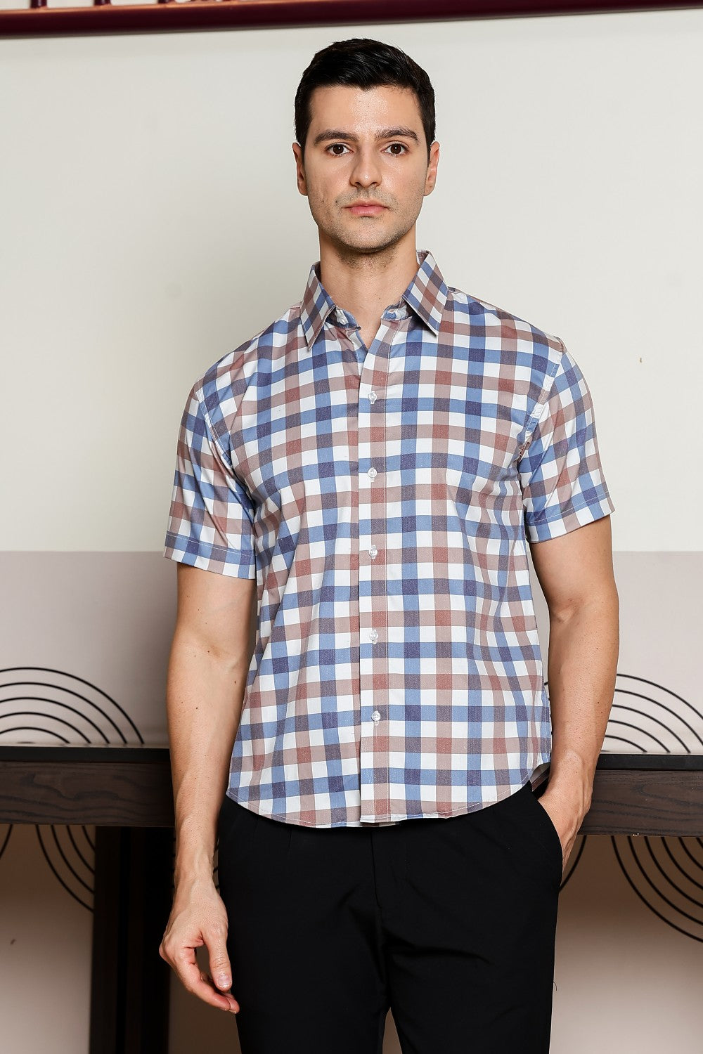 O'LYN CHECKED HALF SLEEVE COTTON MEN SHIRT