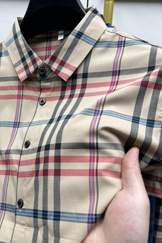 O'LYN MUSLIN BEIGE PLAID CHECKS COTTON MEN'S SHIRT