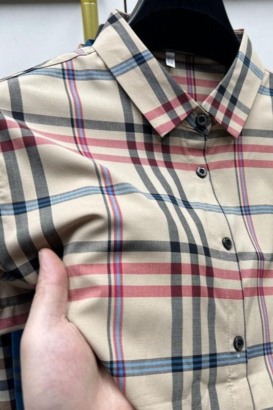 O'LYN Cream Short-sleeve Checks Cotton Men's Shirt.