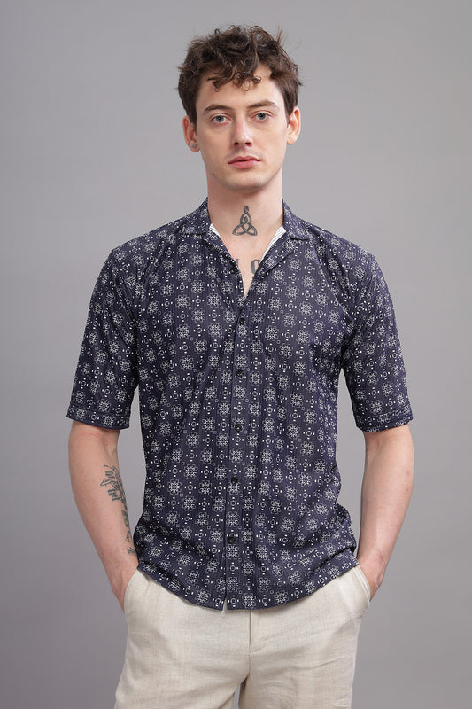 O'LYN Blue Elbow-sleeve Geometric Print Corduroy Men's Shirt.