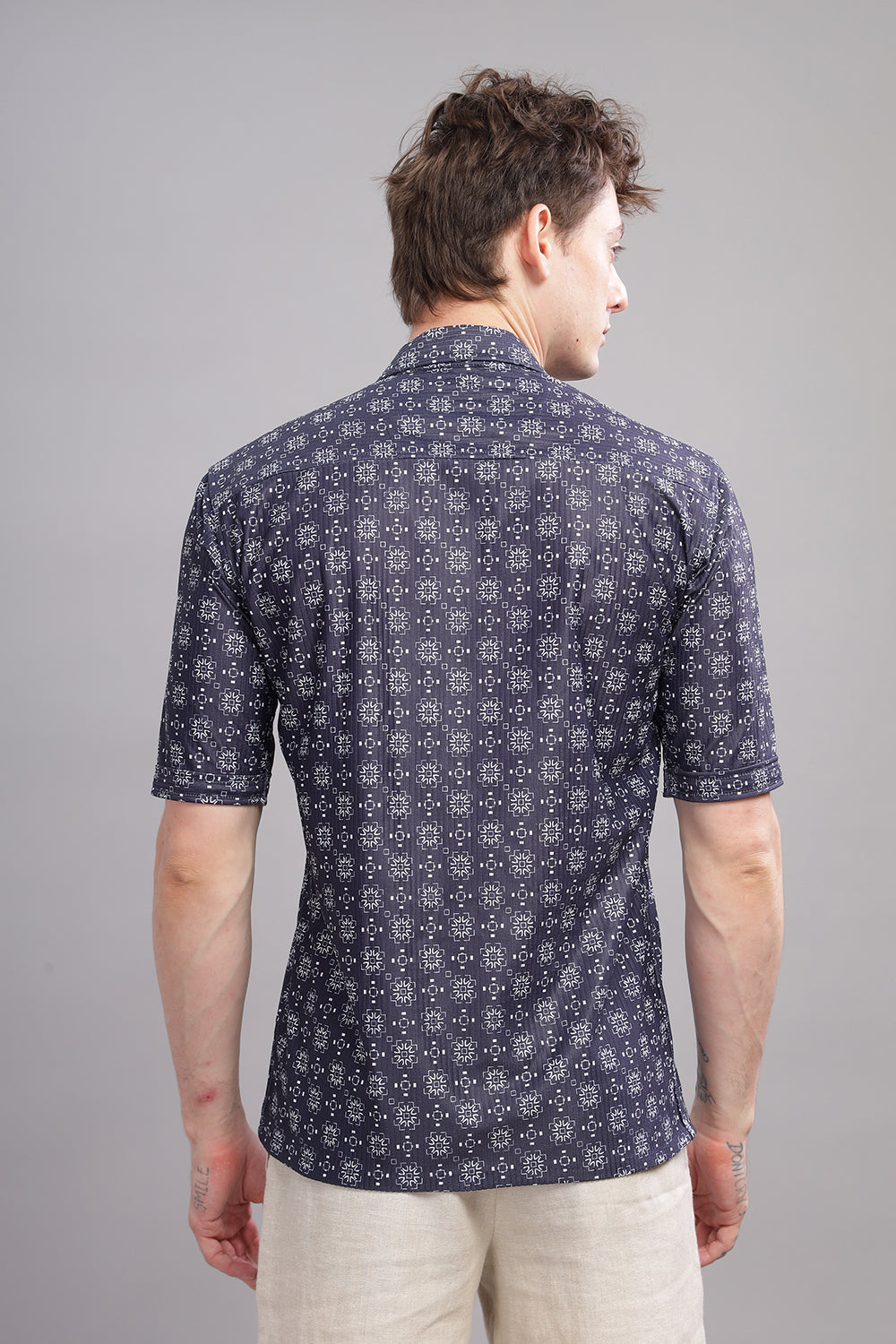 O'LYN OXFORD BLUE GEOMETRIC PRINT CORDUROY MEN'S SHIRT