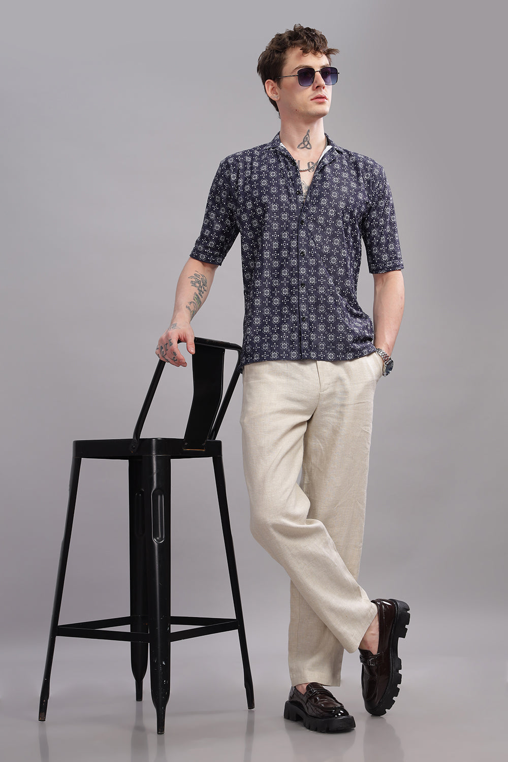 O'LYN OXFORD BLUE GEOMETRIC PRINT CORDUROY MEN'S SHIRT
