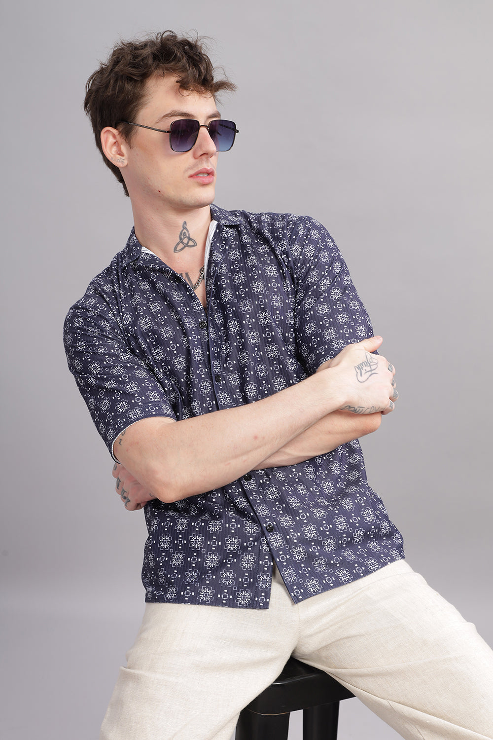O'LYN OXFORD BLUE GEOMETRIC PRINT CORDUROY MEN'S SHIRT
