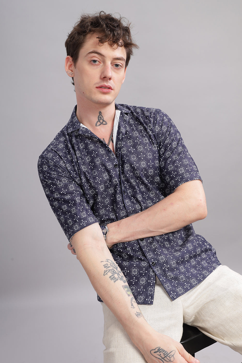 O'LYN OXFORD BLUE GEOMETRIC PRINT CORDUROY MEN'S SHIRT